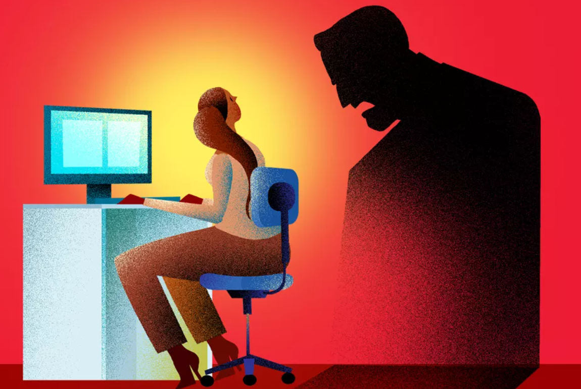 Ilustração de uma mulher sentada em frente a um computador. Ela olha para o lado, onde é projetada a sombra de um homem.