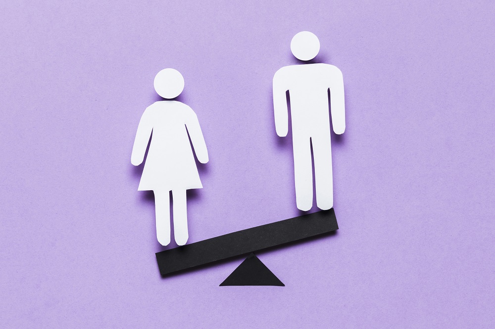Foto representativa da desigualdade de gênero com o boneco de uma mulher e de um homem sobre uma balança, sendo que ele está mais alto do que ela