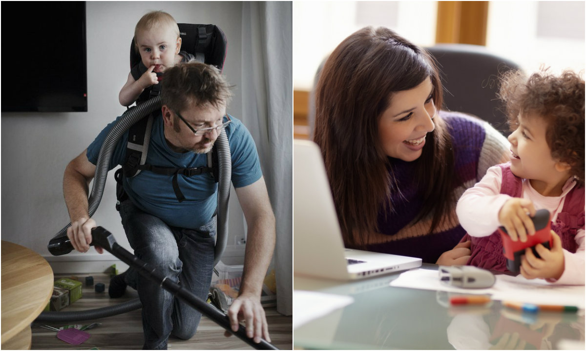 Montagem com duas fotos. À esquerda está um pai com uma criança nas costas enquanto passa aspirador na casa. Já à direita é a imagem de uma mãe com uma criança enquanto trabalha em um laptop.