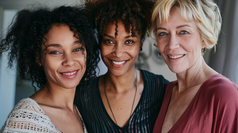 Foto de duas mulheres negras e uma mulher branca, todas maduras, bem próximas. Todas sorriem.