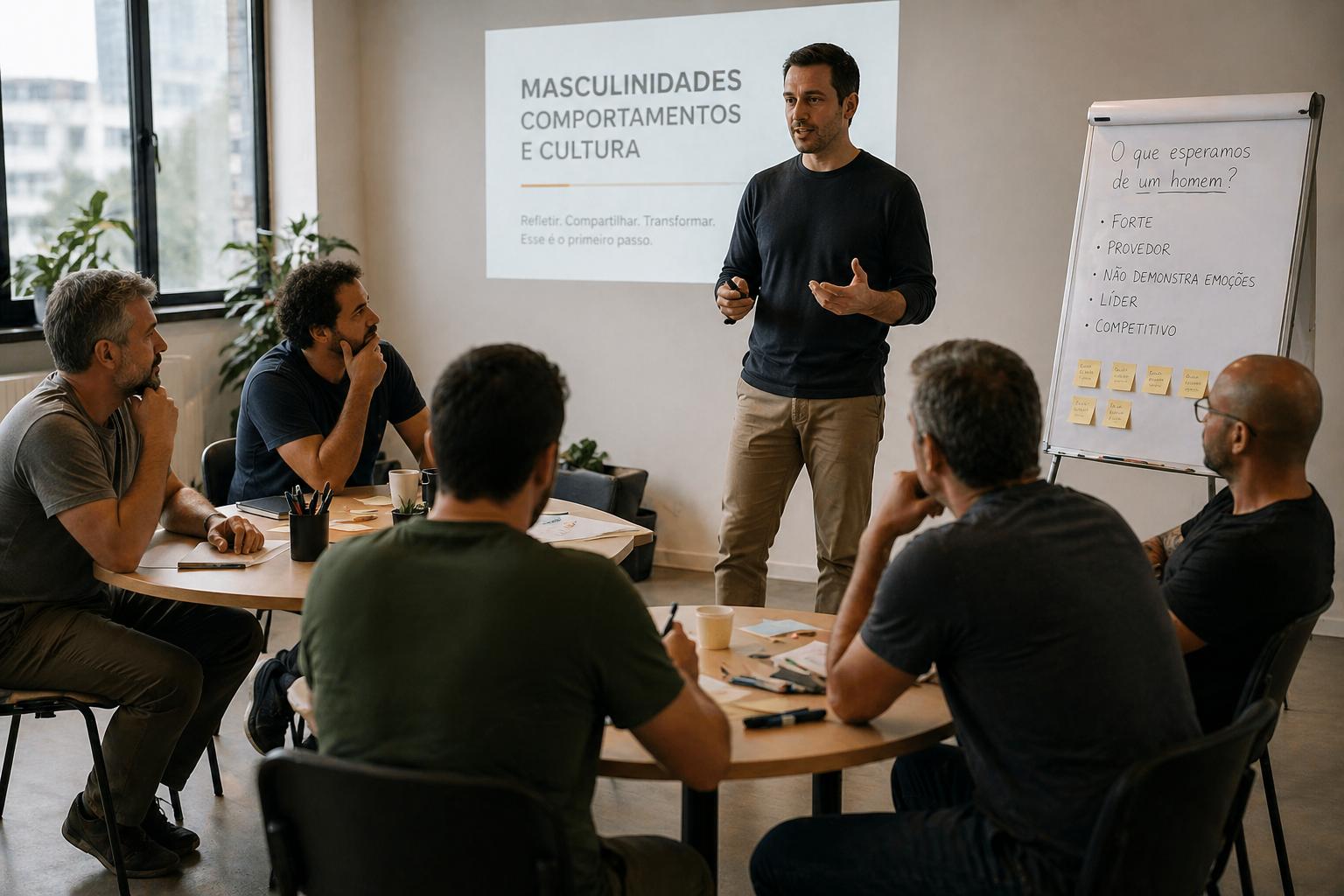 Foto de um grupo de homens em uma roda de conversa. Um deles está em pé e os demais sentados. Na parede é projetado um slide com o texto 